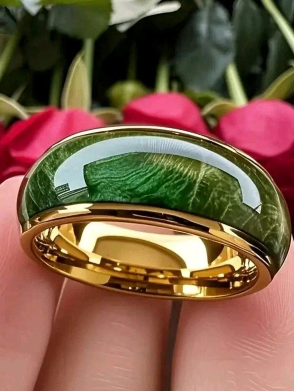 8mm Parrot Green Stainless Steel Dome Ring, Elegant And Versatile For Everyday